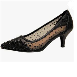 XYD Black Pointed Toe Slip On Mesh Pumps Rhinestone Studs Comfy Kitten Heel Shoe